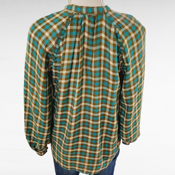 Anthropologie Pilcro Breezy Olive Turquoise  Checkered Flannel Button Down Small - Picture 7 of 12